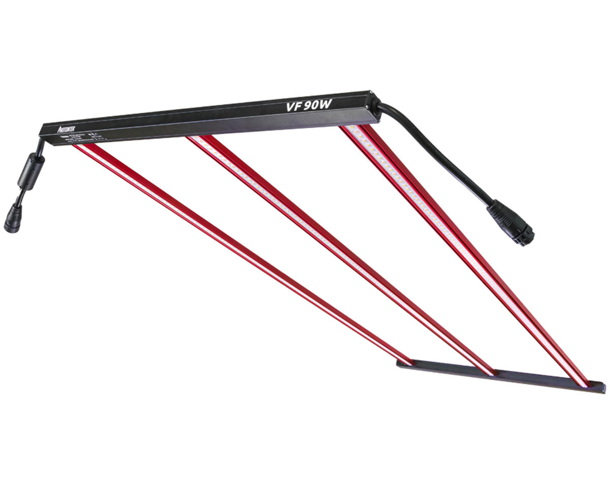 Photontek VF 90W LED Grow Light with three slim red bars and integrated power cable for vertical farming setups.