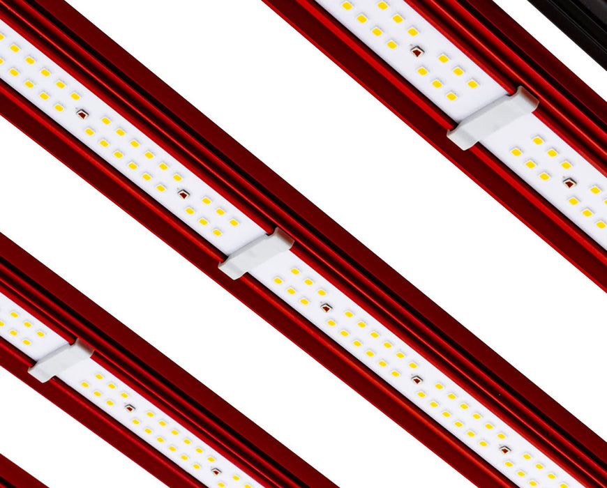 Close-up of multiple red LED bars featuring dense arrays of white and red spectrum diodes.
