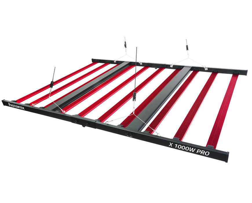 Fully assembled Photontek X 1000W Pro LED Grow Light with hanging cables and 10-bar layout.