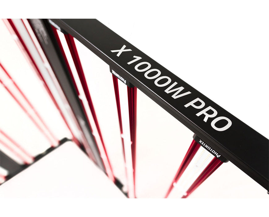 Angled detail of the Photontek X 1000W Pro Grow Light frame showing branded corner and red bar layout.