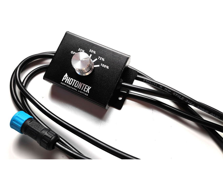 Photontek LED dimmer control with adjustment dial and cables for managing grow light intensity from 25% to 100%.