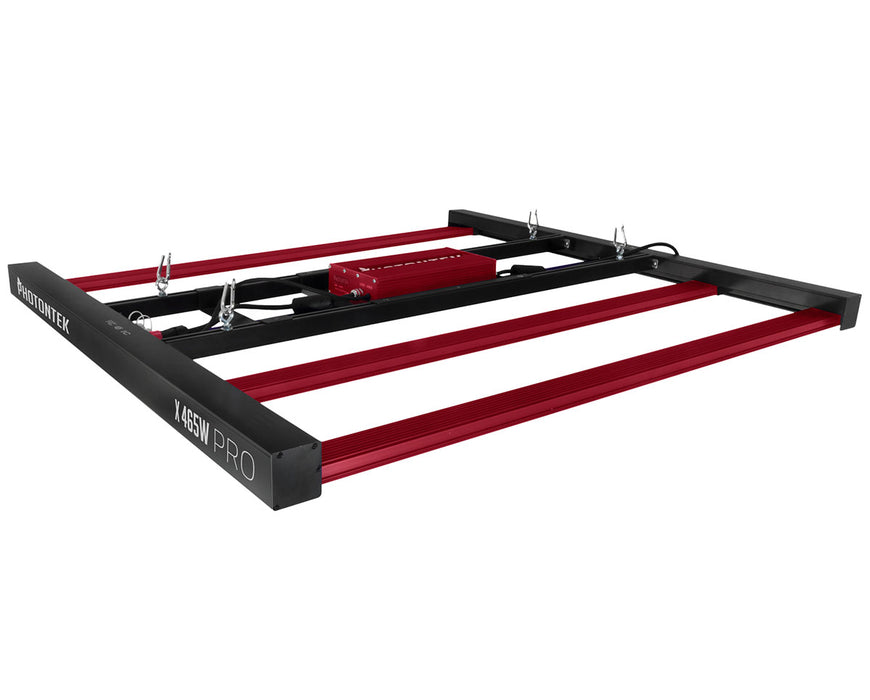 Top view of Photontek X 465W Pro Grow Light showing frame, integrated driver, and hanging hardware for grow tents.