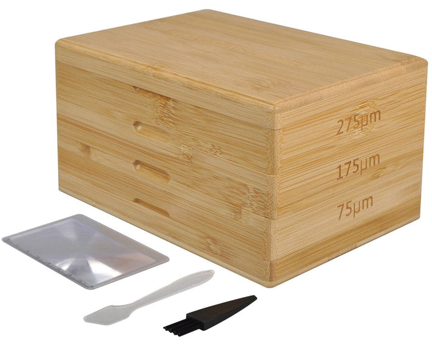 Rosineer pollen sifter set fully assembled with engraved micron sizes on bamboo and included inspection tools.