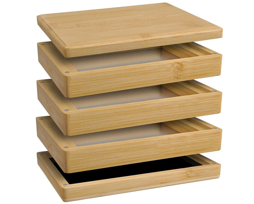 Exploded view of Rosineer bamboo sifter set showing all three micron screens and the black base catch tray.