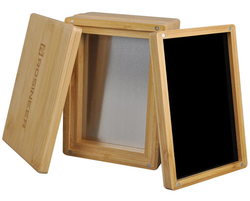 Detailed view of open Rosineer sifter box showing removable mesh screens and magnet-secured bamboo frames.