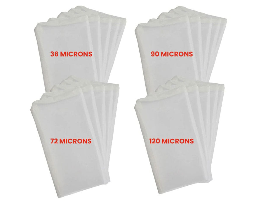 Set of Rosineer filter bags displayed by micron rating: 36, 72, 90, and 120 microns.