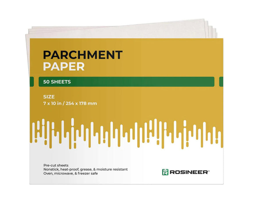 Rosineer parchment paper pack of 50 non-stick sheets, size 7 x 10 inches.