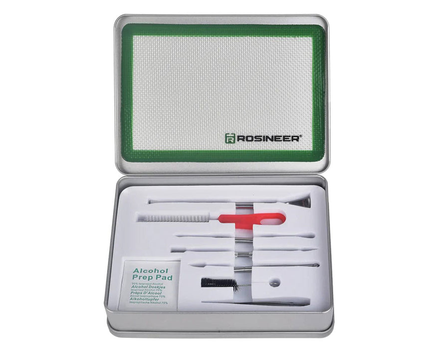 Rosineer tool kit with silicone mat, cleaning tools, and alcohol pad in a silver tin case.