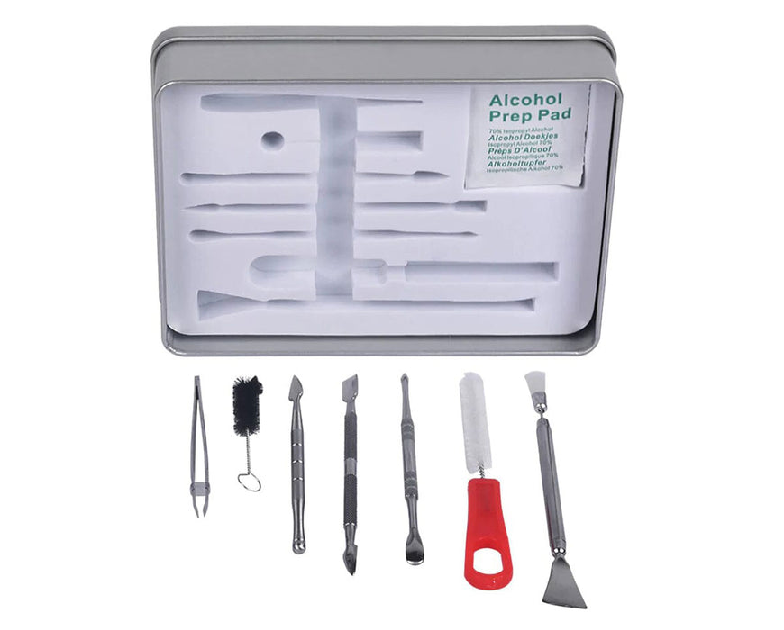 Rosineer tool kit with alcohol prep pad and dab tools arranged in an open silver tin case.