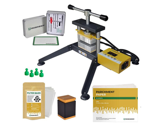 Rosineer GRIP rosin press with accessories including parchment paper, filter bags, silicone mat, magnetic pins, pre-press mold, and tool kit.