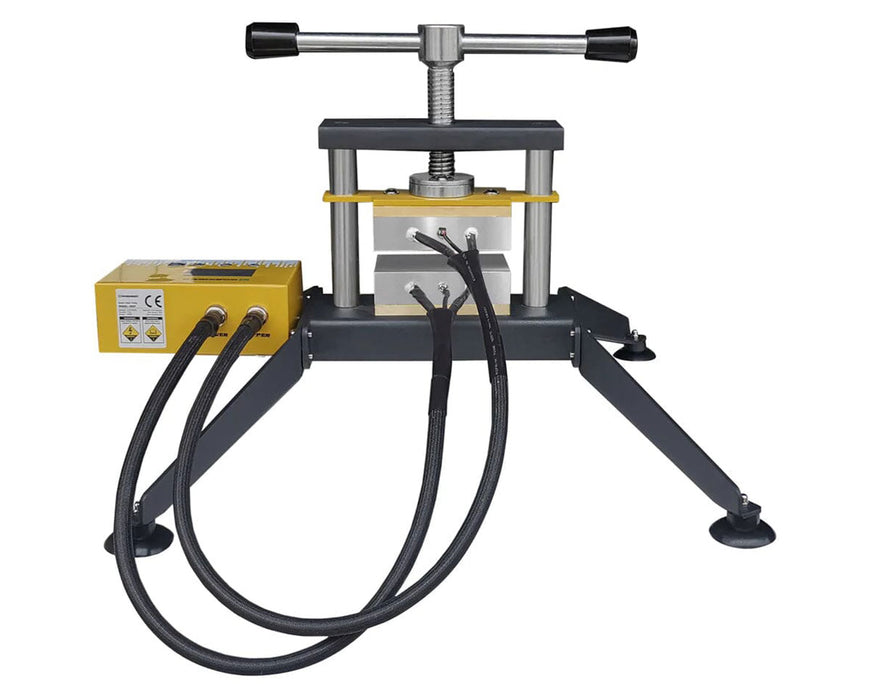 Rear view of the Rosineer GRIP Twist Rosin Heat Press with dual black cables connected to the heating unit.