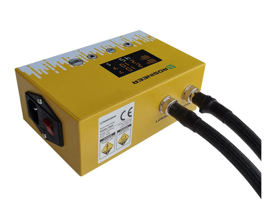 Angled view of the control box showing connected heating cables and labeled input ports.