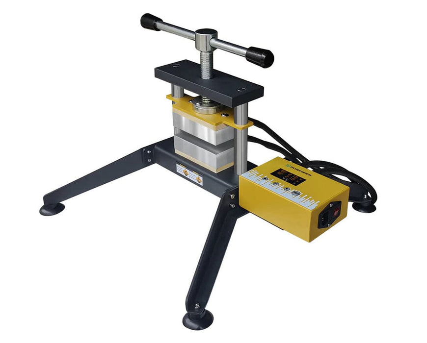 Angled top-down view of the Rosin Press assembled with leg extenders and control unit attached.