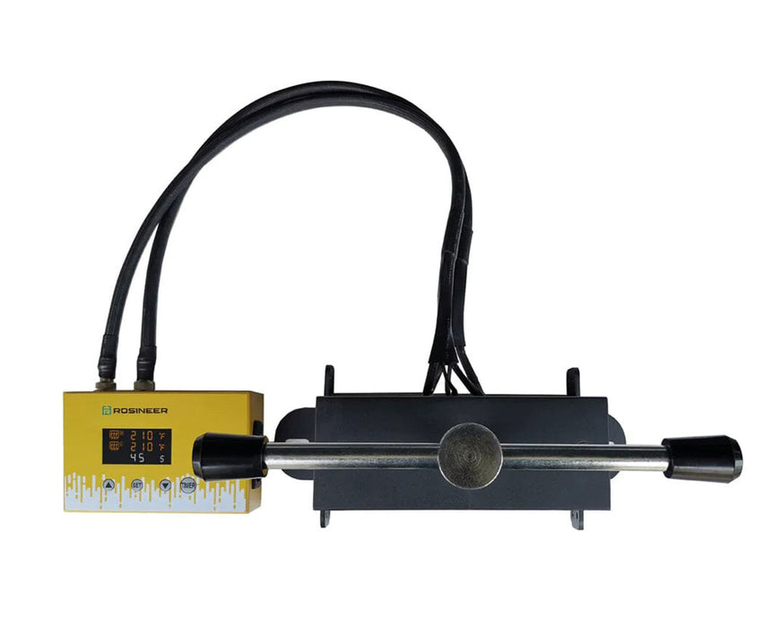 Overhead view of the Rosin Press showing the twist handle and the top of the control unit with cables connected.