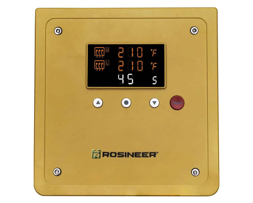 Close-up of Rosineer PRESSO PRO digital controller displaying temperature and timer settings.