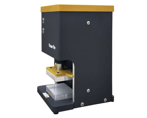 Side view of Rosineer PRESSO PRO Electric Rosin Press with yellow top and dual aluminum plates.