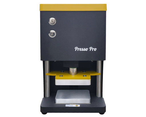 Front view of Rosineer Presso Pro electric rosin heat press showing aluminum plates and dual safety buttons.