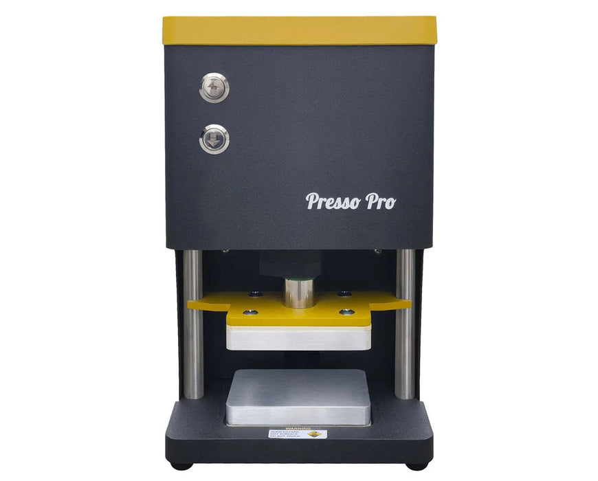 Front view of Rosineer Presso Pro electric rosin heat press showing aluminum plates and dual safety buttons.