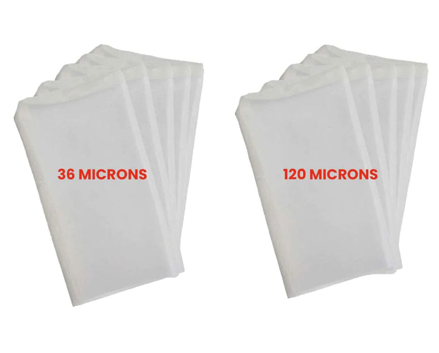 Two sets of Rosineer filter bags labeled 36 microns and 120 microns for solventless rosin extraction.