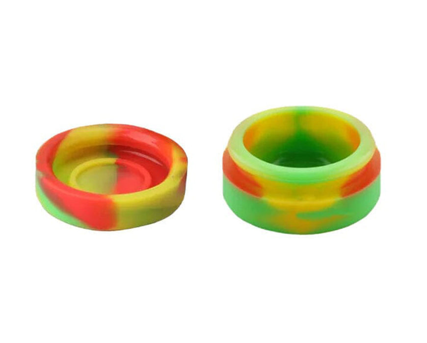Pair of colorful silicone rosin concentrate containers with red, green, and yellow swirl design.