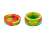 Pair of colorful silicone rosin concentrate containers with red, green, and yellow swirl design.