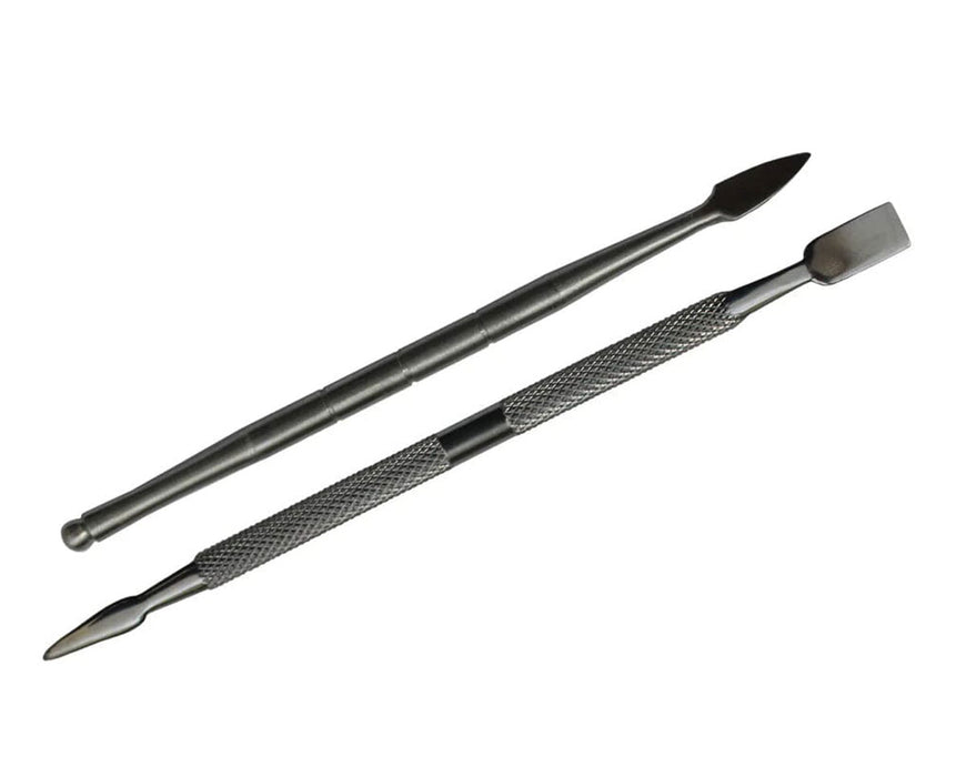 Two double-sided stainless steel rosin tools for collecting and handling rosin extracts.