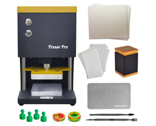 Rosineer Presso Pro heat press bundle with accessories including silicone jars, tools, and filter bags.