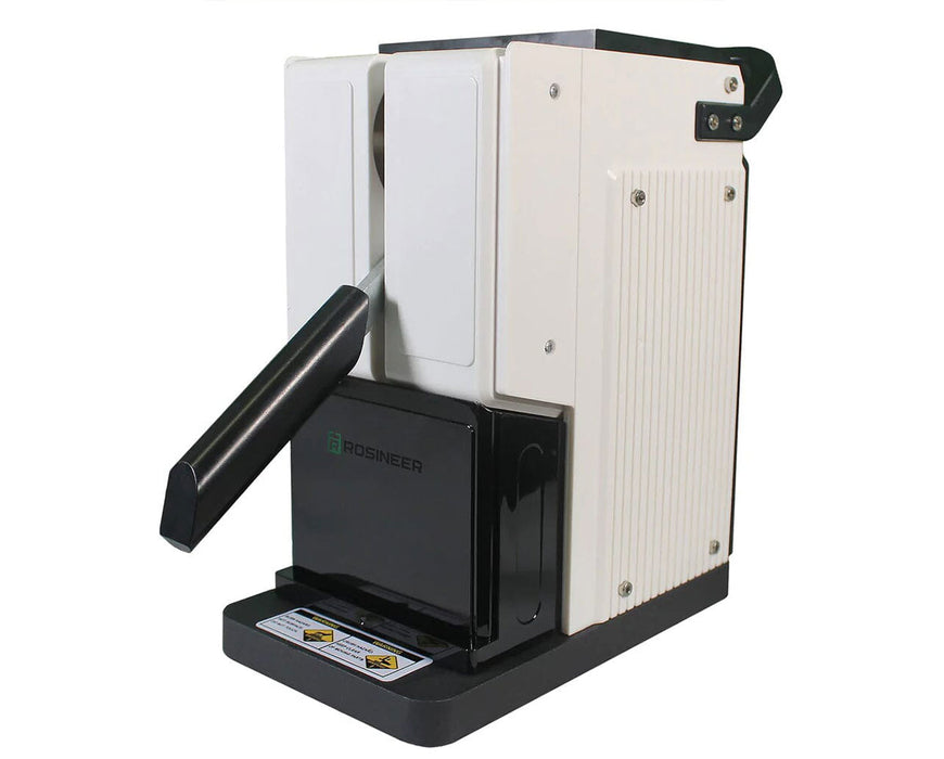 Side view of white Rosineer PRESSO rosin press with black handle and branded collection box.