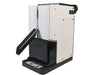 Side view of white Rosineer PRESSO rosin press with black handle and branded collection box.