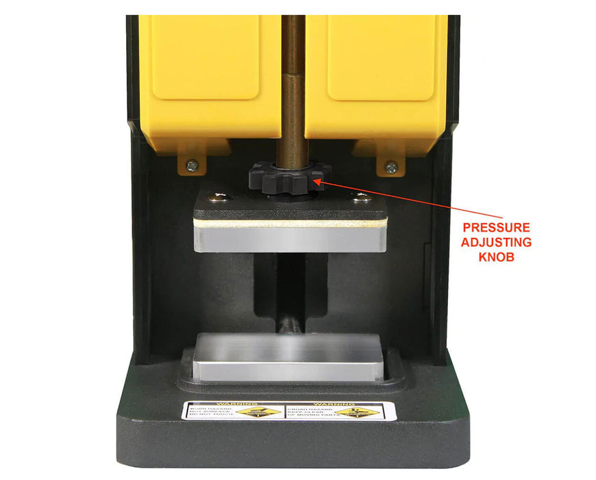 Close-up of Rosineer PRESSO press plates with labeled pressure adjusting knob.