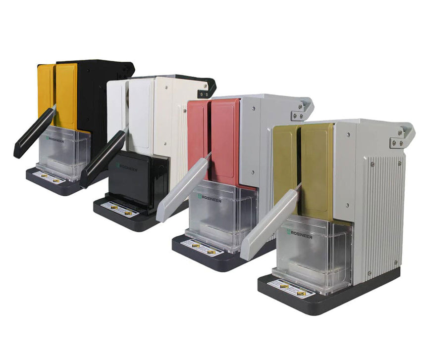 Four color variants of Rosineer PRESSO rosin press shown side-by-side.
