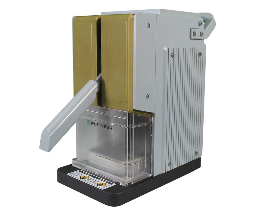 Rosineer PRESSO personal rosin press in gold and gray variant with collection tray.