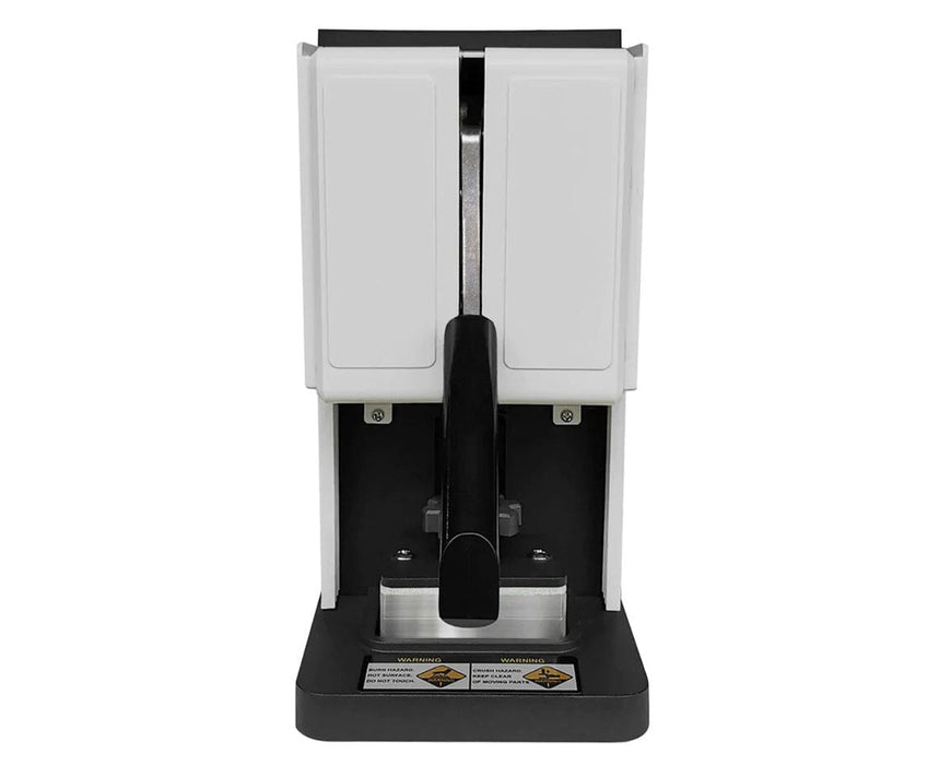 Front view of white Rosineer PRESSO press showing centered lever and plates.