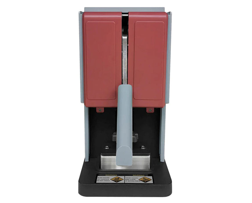 Front view of Rosineer PRESSO rosin press with red plates and closed handle.
