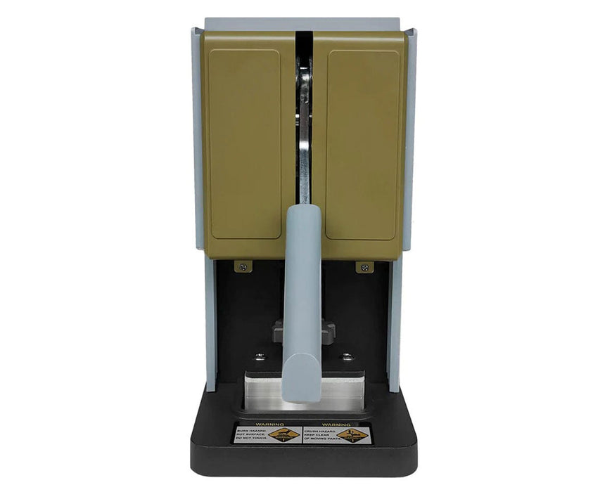 Front view of Rosineer PRESSO rosin press with gold plates and closed handle.