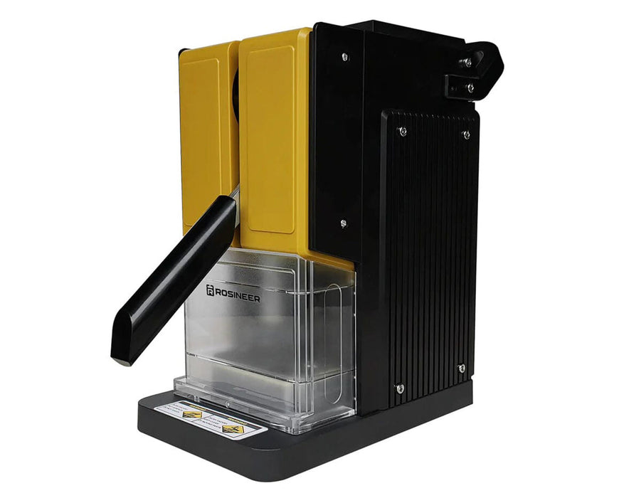 Side view of black and yellow Rosineer PRESSO rosin press with clear collection box.