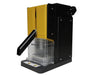 Side view of black and yellow Rosineer PRESSO rosin press with clear collection box.