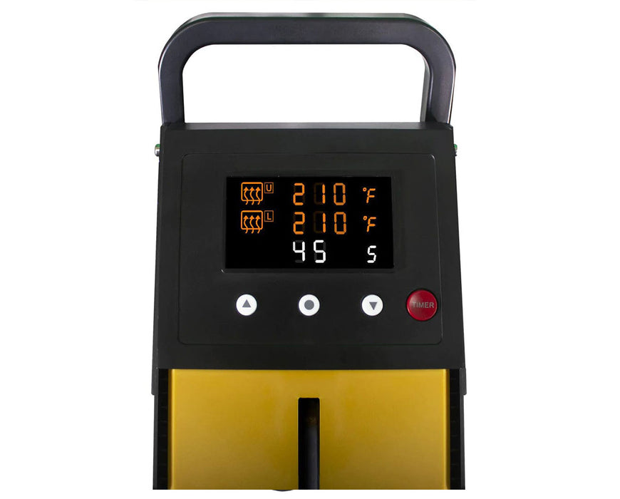 Close-up of Rosineer PRESSO digital control panel showing temperature and timer settings.