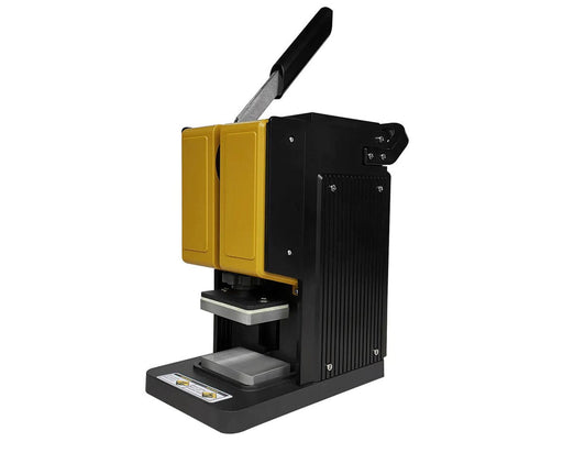 Rosineer PRESSO 1500lbs rosin press in black and yellow with upright manual lever.
