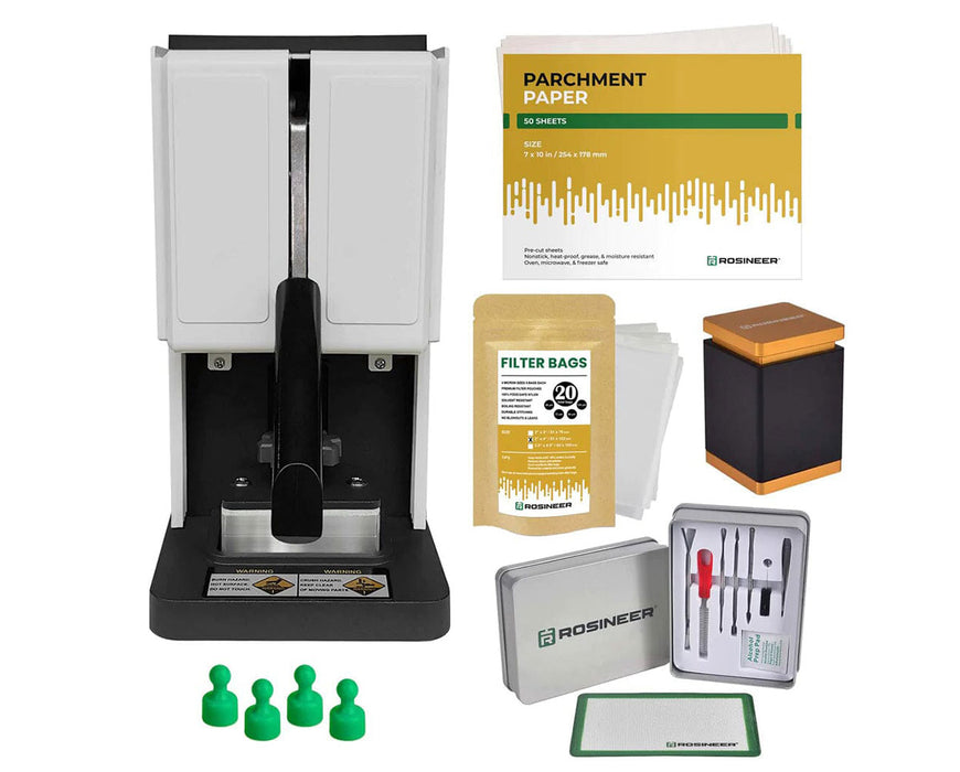 Rosineer GRIP white rosin press bundle with parchment paper, filter bags, magnet pins, and tool kit accessories.