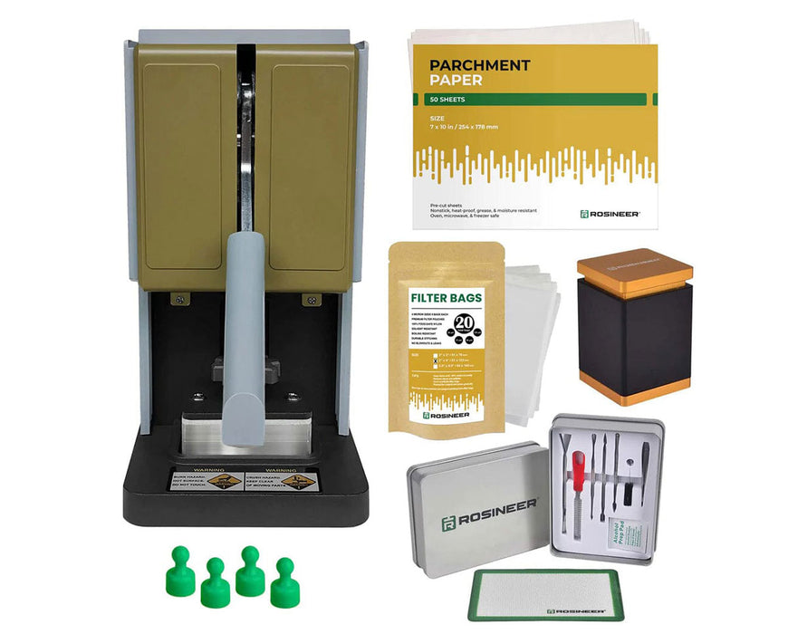 Rosineer GRIP gold rosin press bundle with parchment paper, filter bags, magnet pins, and tool kit accessories.