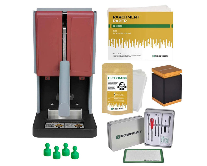 Rosineer GRIP red rosin press bundle with parchment paper, filter bags, magnet pins, and tool kit accessories.