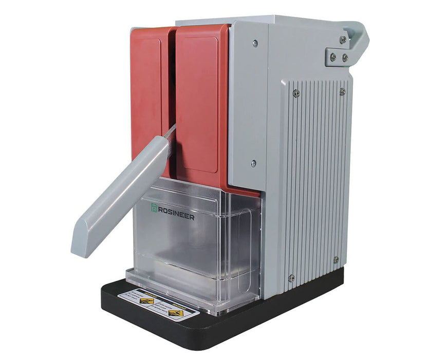 Rosineer GRIP Twist Rosin Heat Press in red and silver finish with clear catch tray, side view.