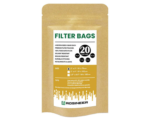 Brown pouch of Rosineer filter bags with printed label showing sizes and micron specs for rosin extraction