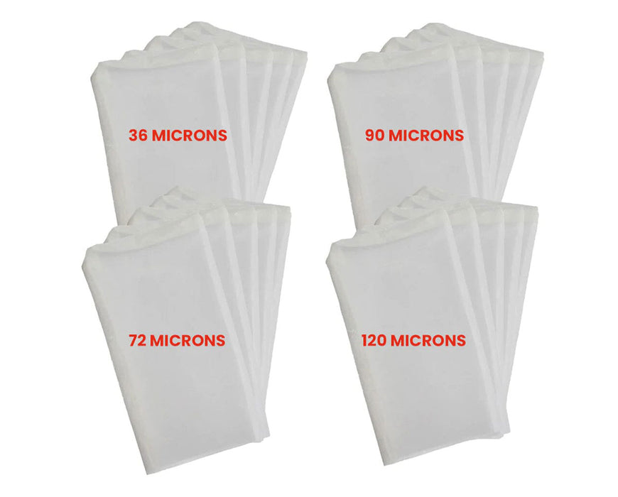 Four sets of Rosineer filter bags labeled 36, 72, 90, and 120 microns for solventless rosin extraction.