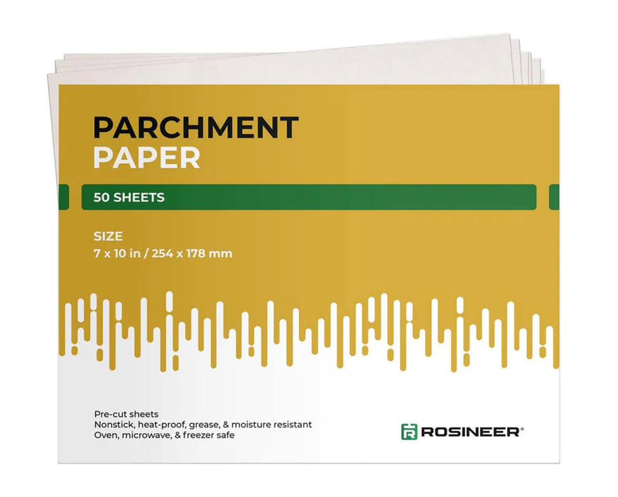 Pack of 50 pre-cut Rosineer parchment paper sheets sized 7x10 inches, heat and grease resistant.
