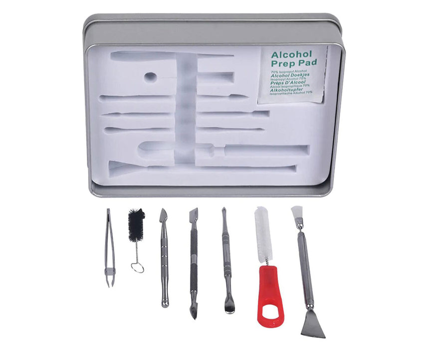 Rosineer metal tool kit with 7 dab and cleaning tools plus alcohol prep pad in a branded storage tin.