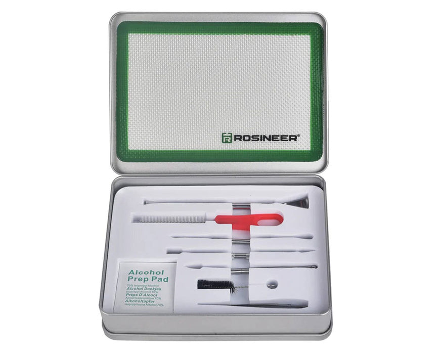 Rosineer tool kit with silicone mat, cleaning tools, and alcohol pad in a silver tin case.