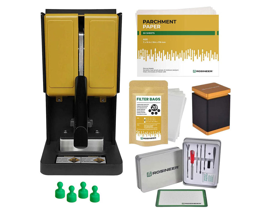 Front view of Rosineer Presso heat press with full accessory bundle including parchment, filter bags, and dab tools.