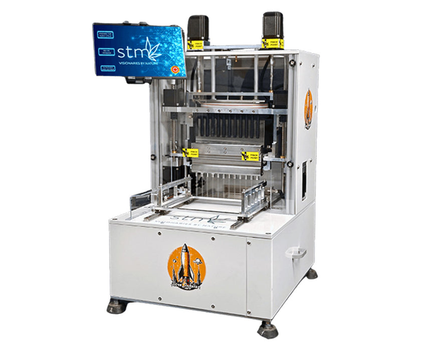 STM RocketBox Mini cone filling machine with safety guards and touchscreen interface.